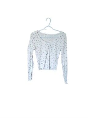 Weekend Edition Floral Pointelle Lace Trim Long Sleeve Crop Top White Blue M